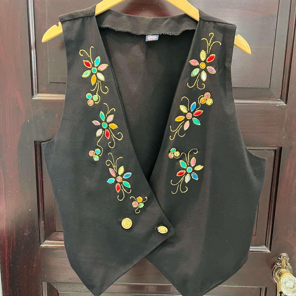 Black Vest with Colorful Floral Fabric Paint and Gems